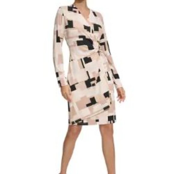 NEW Calvin Klein Elegant Jersey Camel/Black  Multi Faux Wrap EZ Fit Sheath Dress - Picture 1 of 5